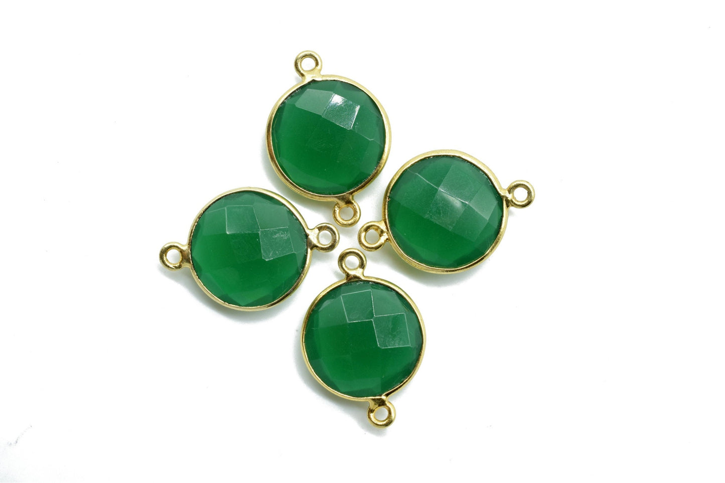 Natural Green Onyx 14mm Round Dual links connector,Brass Gold Plated bezel,Green Onyx Pendant,Stone Links,Gems Station,Onyx Earring Supplies