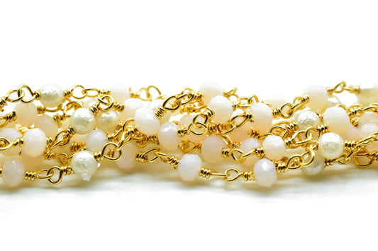 Peach Moonstone Chalcedony Hydro Faceted Wire Wrapped Beaded Rosary Chain,Brass chainJewelry Making Chain Rosary chain,gemstone beaded chain