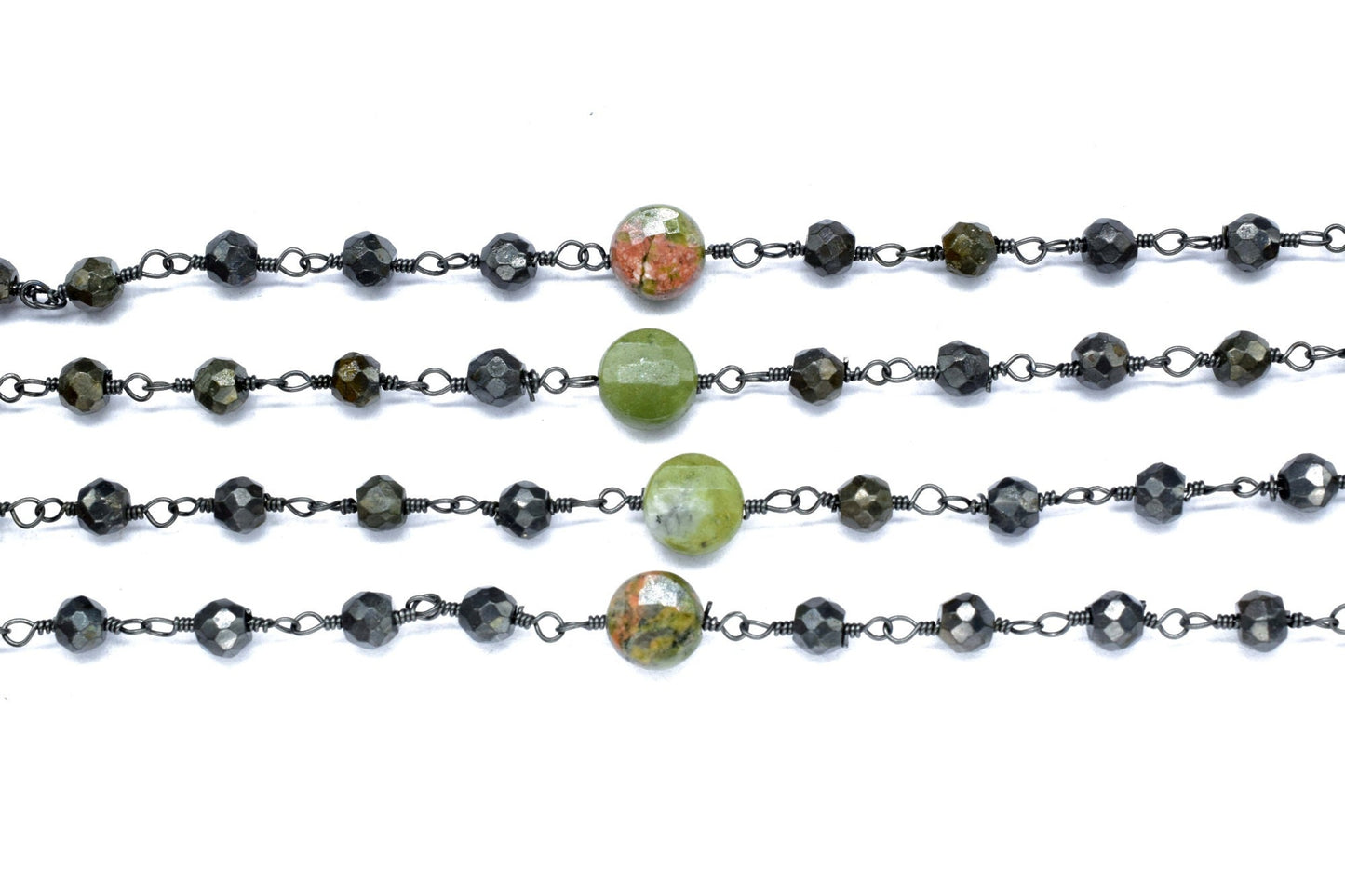 Natural Pyrite Rosary Chain, 3.5mm-4mm Faceted Beads, Black Plated Wire Wrapped Chain,Faceted Pyrite Bead,Gunmetal Plated Rosary,Chains,