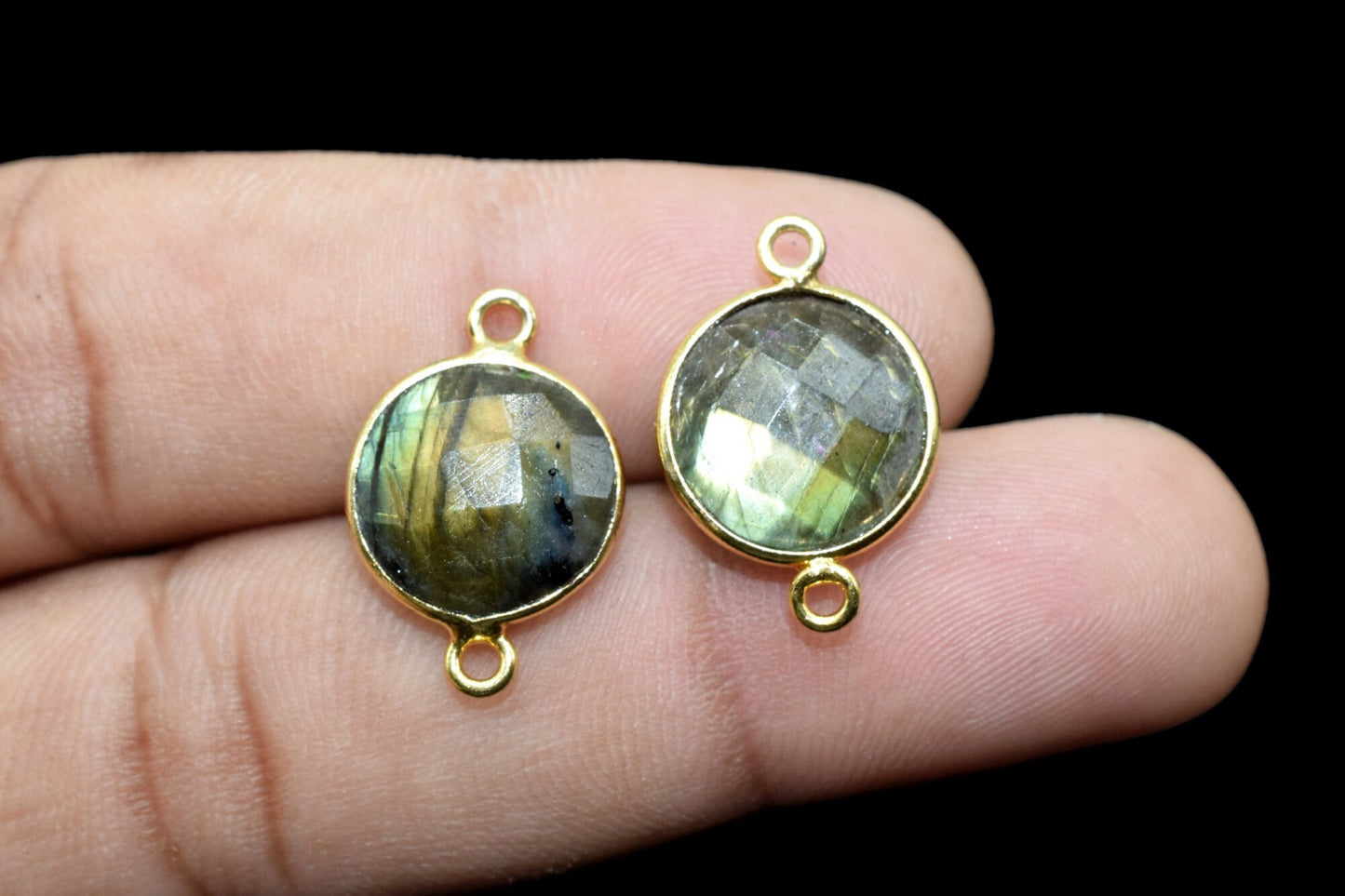 Labradorite 12mm Round double bail connectors,Round Pendant,Faceted Labradorite,Gemstone Charm,Gemstone Pendant,Labradorite Charms connector