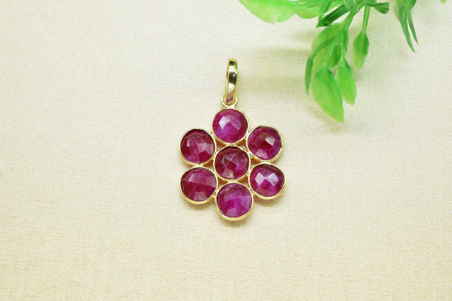 Natural Ruby Pendant,Precious Gemstone Pendant,Ruby Jewelry,Station Bezel Link Supply,Handmade Flower Pendant Jewelry,Round Flower Pendant