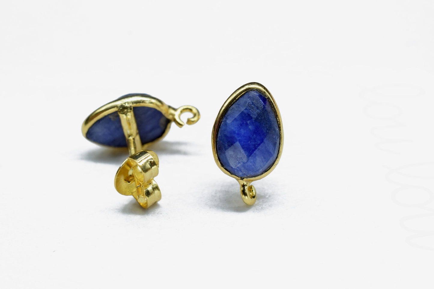Blue Sapphire 7x10mm Earring Connector, Jewelry Making,Blue Sapphire post stud,Gold Plated Earring Connector,Pear Shape Earring Connector