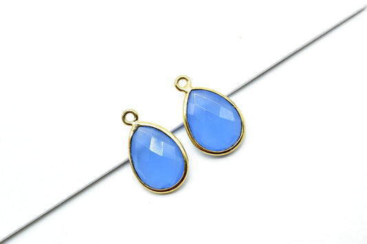 Blue Chalcedony 10x14mm Pear shape charm,Blue Chalcedony Pear Shape Bezel Connector Gold Plated,Single Bail Connector,JewelryBezel Set Charm