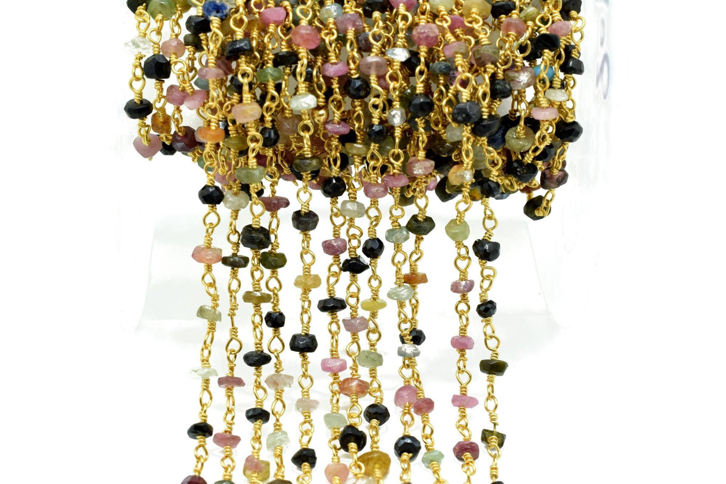 Multi Tourmaline Rosary Chain,Multi Tourmaline Wire Wrapped Rosary,3 to 3.5mm beaded chain,Natural Multi Tourmaline beaded Chain,gold chain