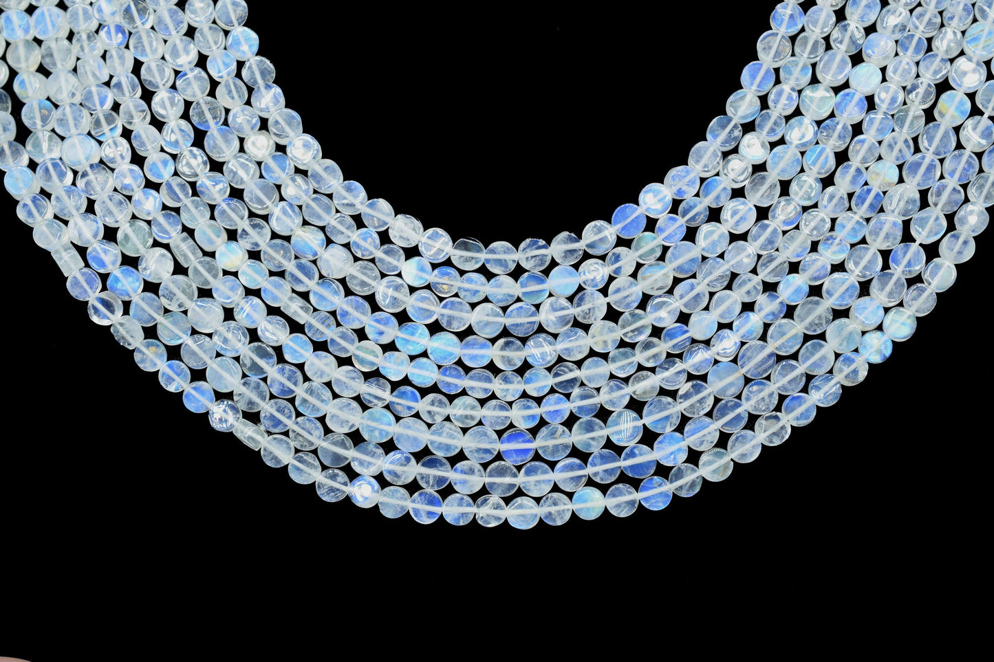 Natural Blue Fire Rainbow Moonstone Coin Beads,4 to 5mm White Rainbow Moonstone Smooth Coin Beads,AAA Moonstone Beads,Semi Precious Gemstone