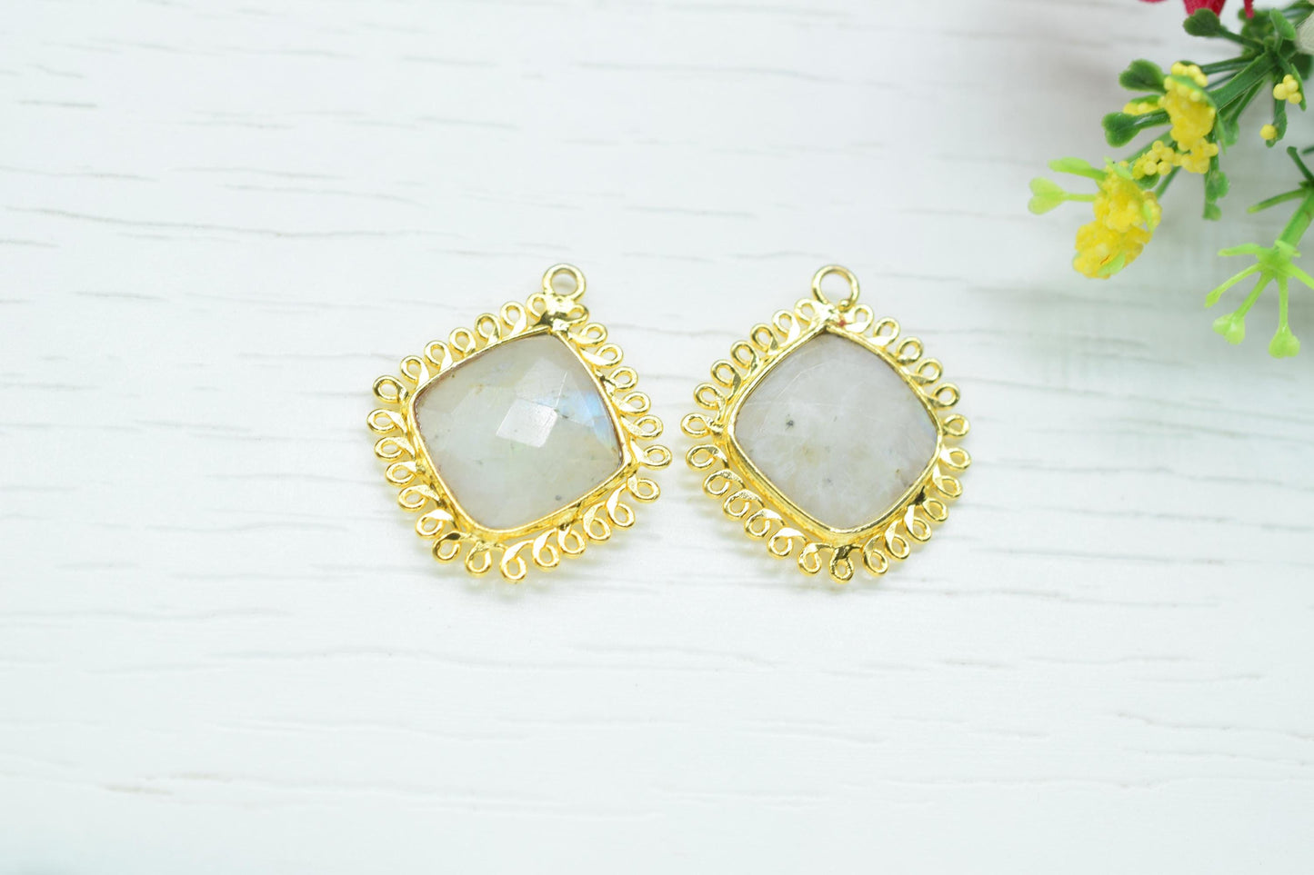 Moonstone 14mm Cushion Bezel Charms,Gemstone Single Bail,Component charm,Handmade Jewellery Connectors,Boho Pendant Charm,Wholesale Jewelry
