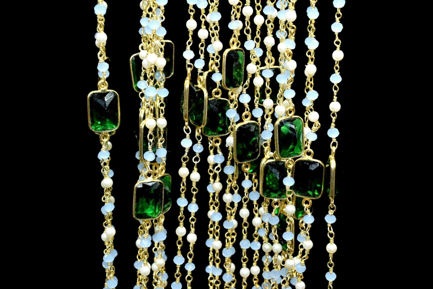 Blue Chalcedony Rosary,Emerald Quartz Bezel Link Chain,Pearl Beaded Rosary Chain,Gemstone Bezel Chain,Gold Plated Rosary Chain,Beaded Chain