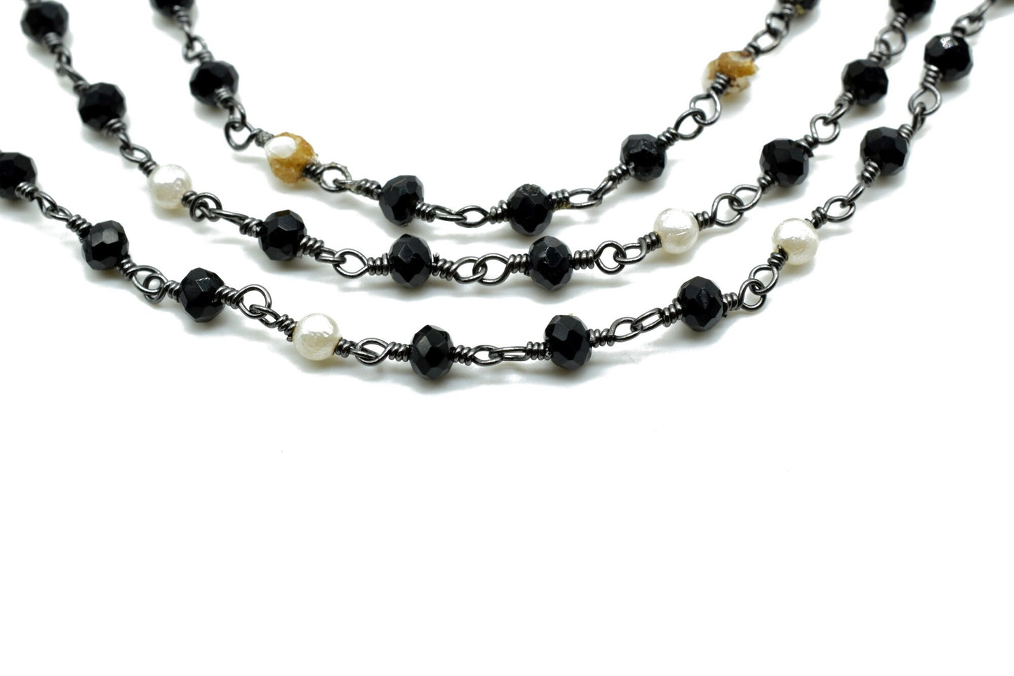 Black Spinel 3mm Rosary Style Beaded Chain, Black Spinel Faceted Beads Wire Wrapped Chain,Brass chains,Jewelry Making Chains,pearl rosary