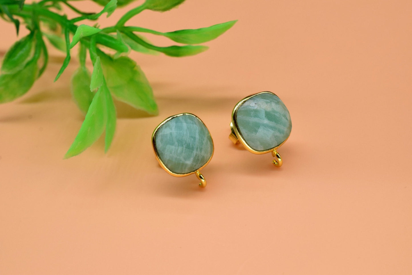 Amazonite Earring Connector,Gemstone Stud Ear Post,Cushion Earring Connector,Bezel frame Connector,Gemstone Bezel Connector,Amazonite Bezel