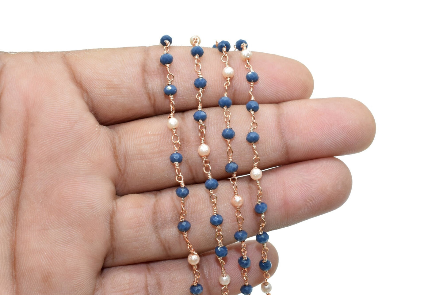 Blue chalcedony  Beaded Chain,pearl Rosary Chains,Blue Agate Gold Plating Wire Wrap Chain,Brass chain,Jewelry Making Chain,Rosary chain,roll