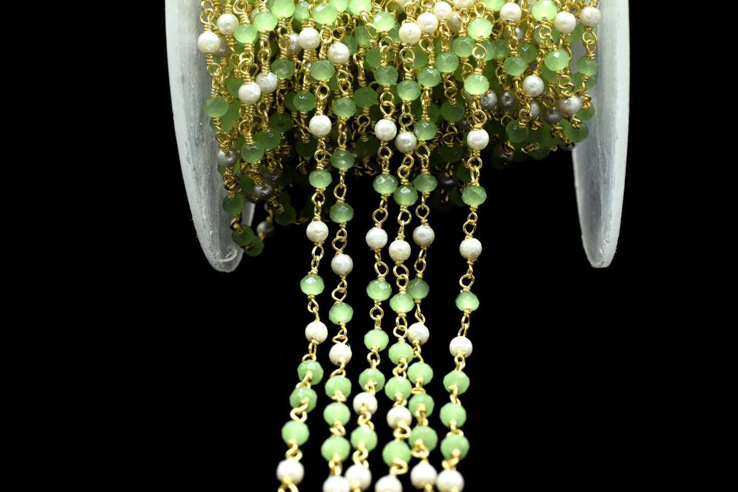 Prehnite Faceted Beads Rosary Chain,Gold Plated Wire wrapped Beaded Chain,Gemstone Beads Rosary Chain,Pearl Rosary Chain,Wire Wrapped Beads
