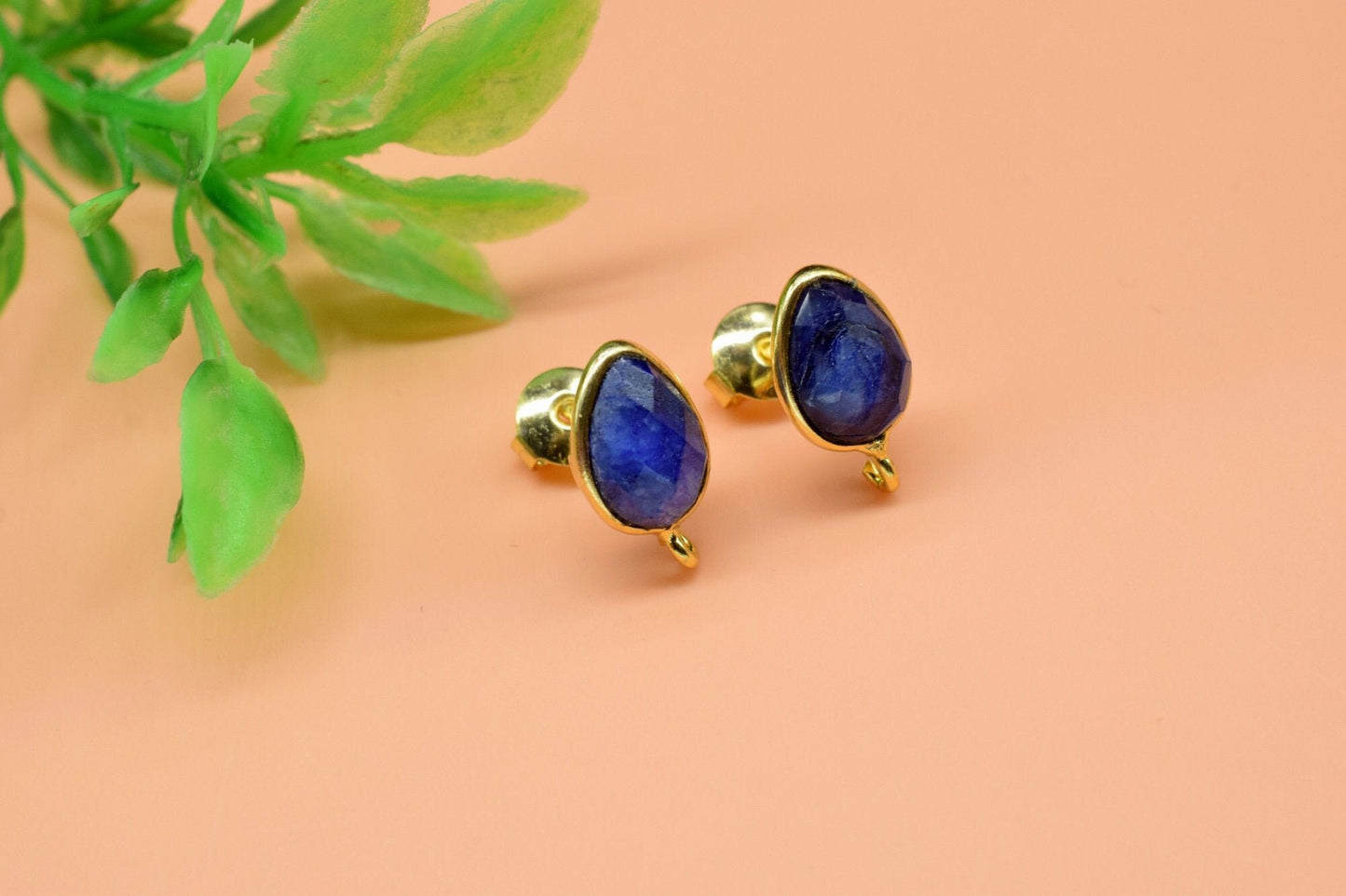 Blue Sapphire 7x10mm Earring Connector, Jewelry Making,Blue Sapphire post stud,Gold Plated Earring Connector,Pear Shape Earring Connector