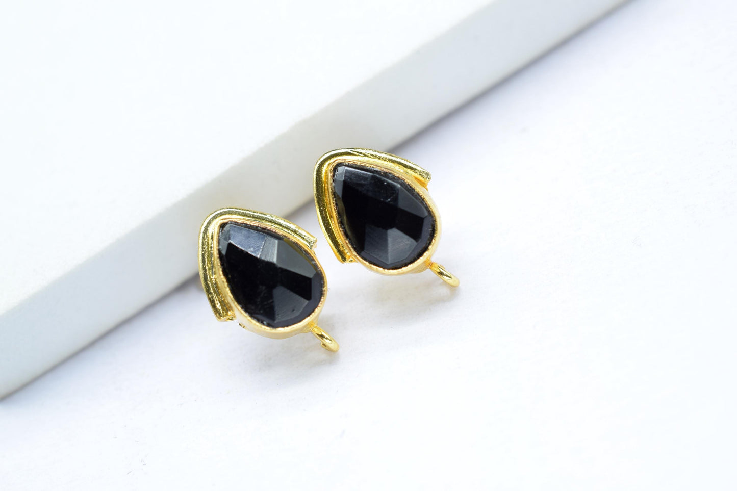 Black Onyx Studs Earring/Gold Plated Earring/Handmade Earring/Bezel Set Earring/Teardrop Earring/Women Jewelry/Connector Earring/Gift