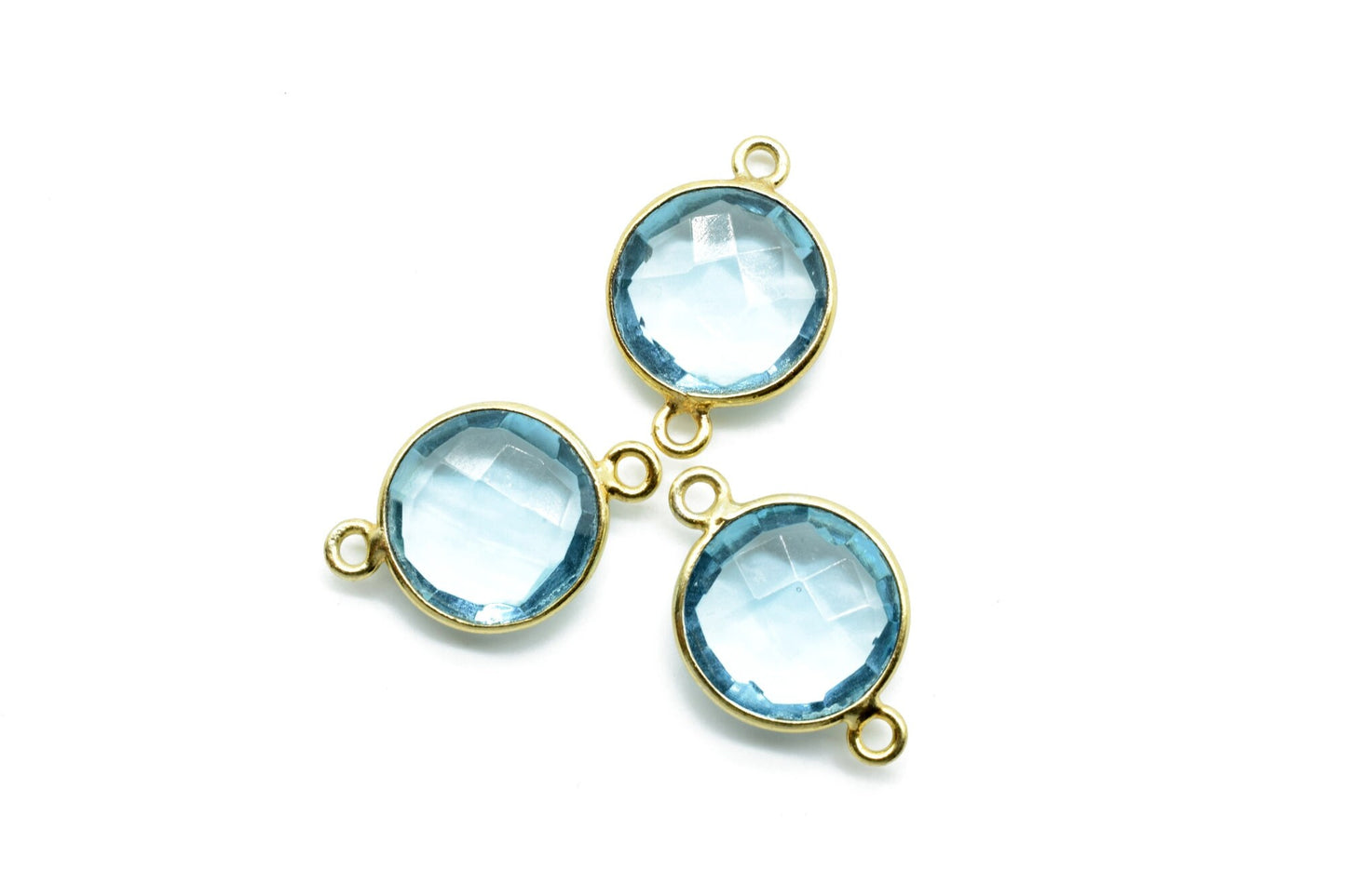 Sky Topaz 12mm Round Double loop connectors,Brass Gold Plated bezel,Sky Topaz Pendant,Sky Topaz double bail connectors,Topaz Round connector