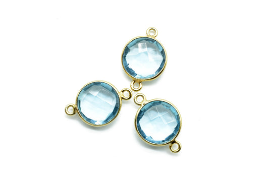 Sky Topaz 12mm Round Double loop connectors,Brass Gold Plated bezel,Sky Topaz Pendant,Sky Topaz double bail connectors,Topaz Round connector