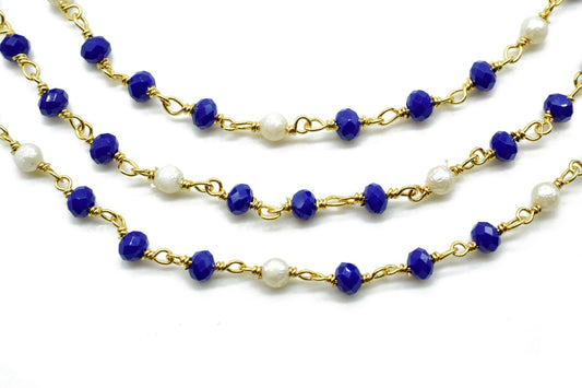 Sapphire Wire Wrapped Rosary Chain, Beaded Chain, Rosary Chain, Corundum Sapphire, Chain by The Foot,Unfinished Bead Wire Wrapped Chains