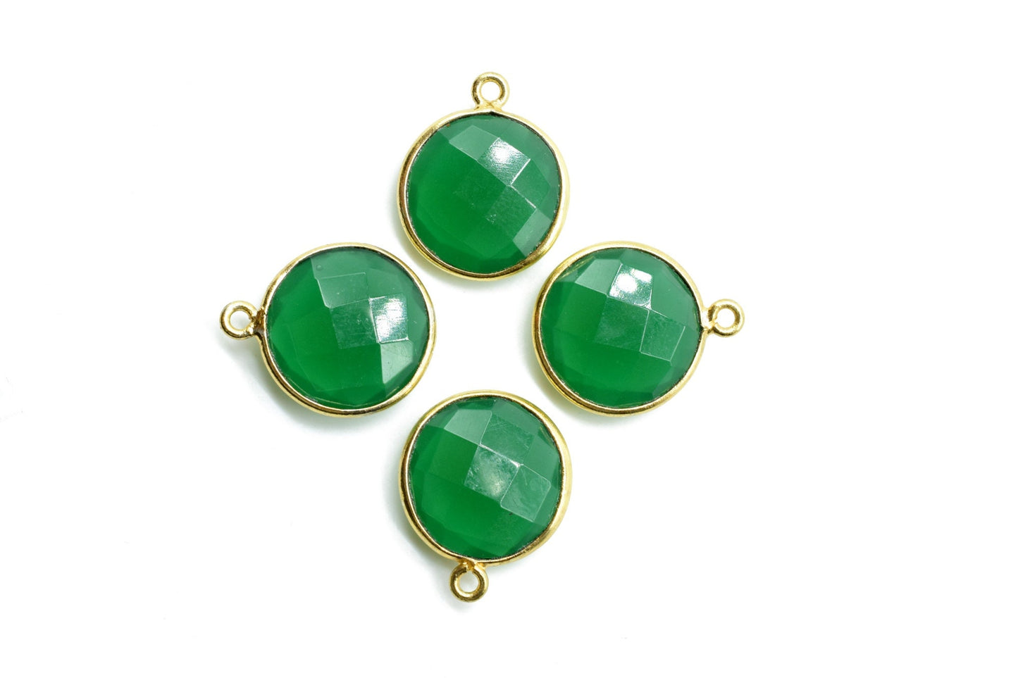 Natural Green Onyx 14mm Round charm,Brass Gold Plated bezel,Green Onyx single Bail Pendant,Stone Links,Gems Station,Onyx Earring Supplies,
