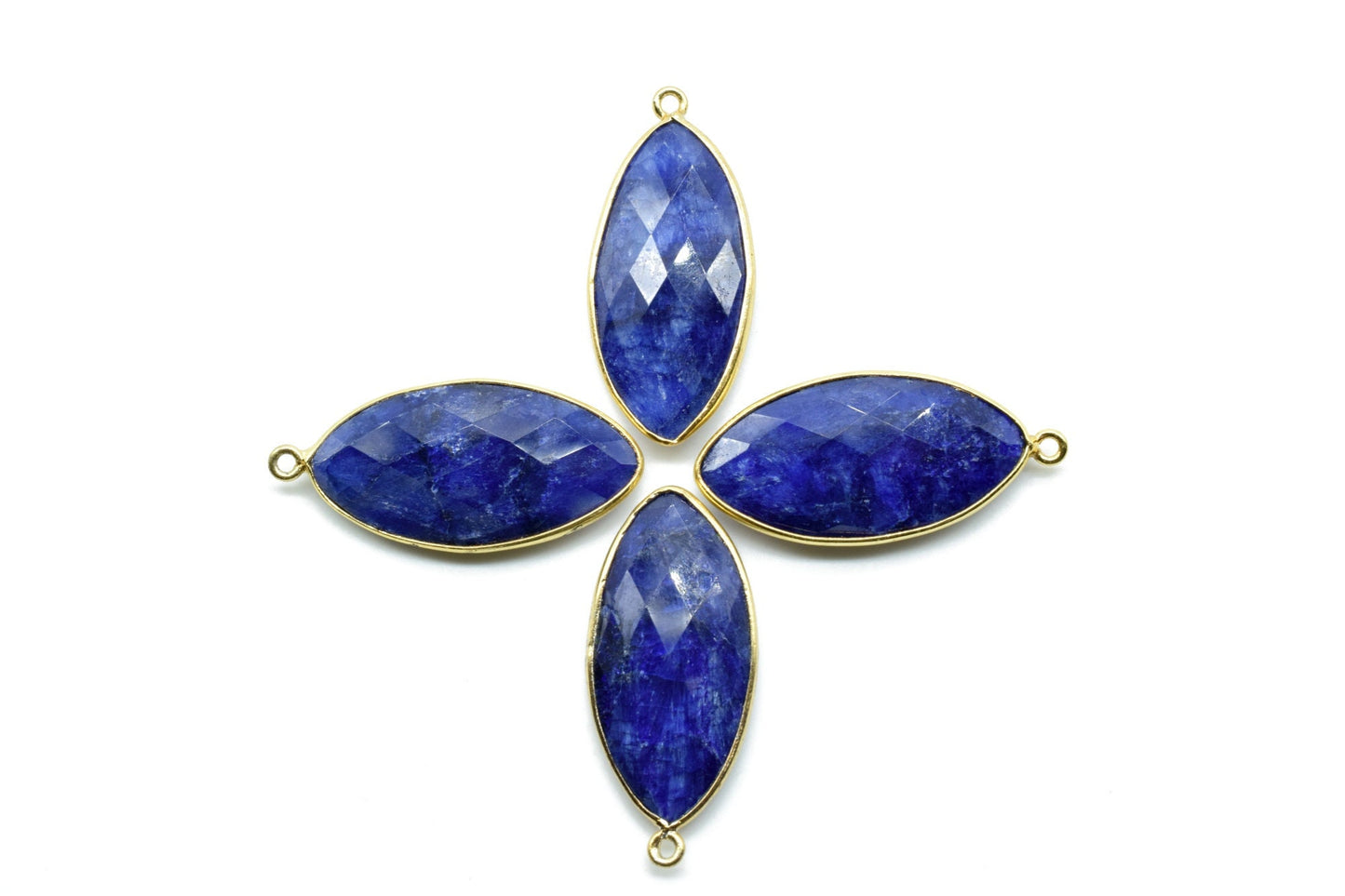 Blue Sapphire 15x30mm Marquise shape single bail connector,Sapphire Brass Gold Plated bezel,Sapphire Connectors,Sapphire gold Bezel Pendants