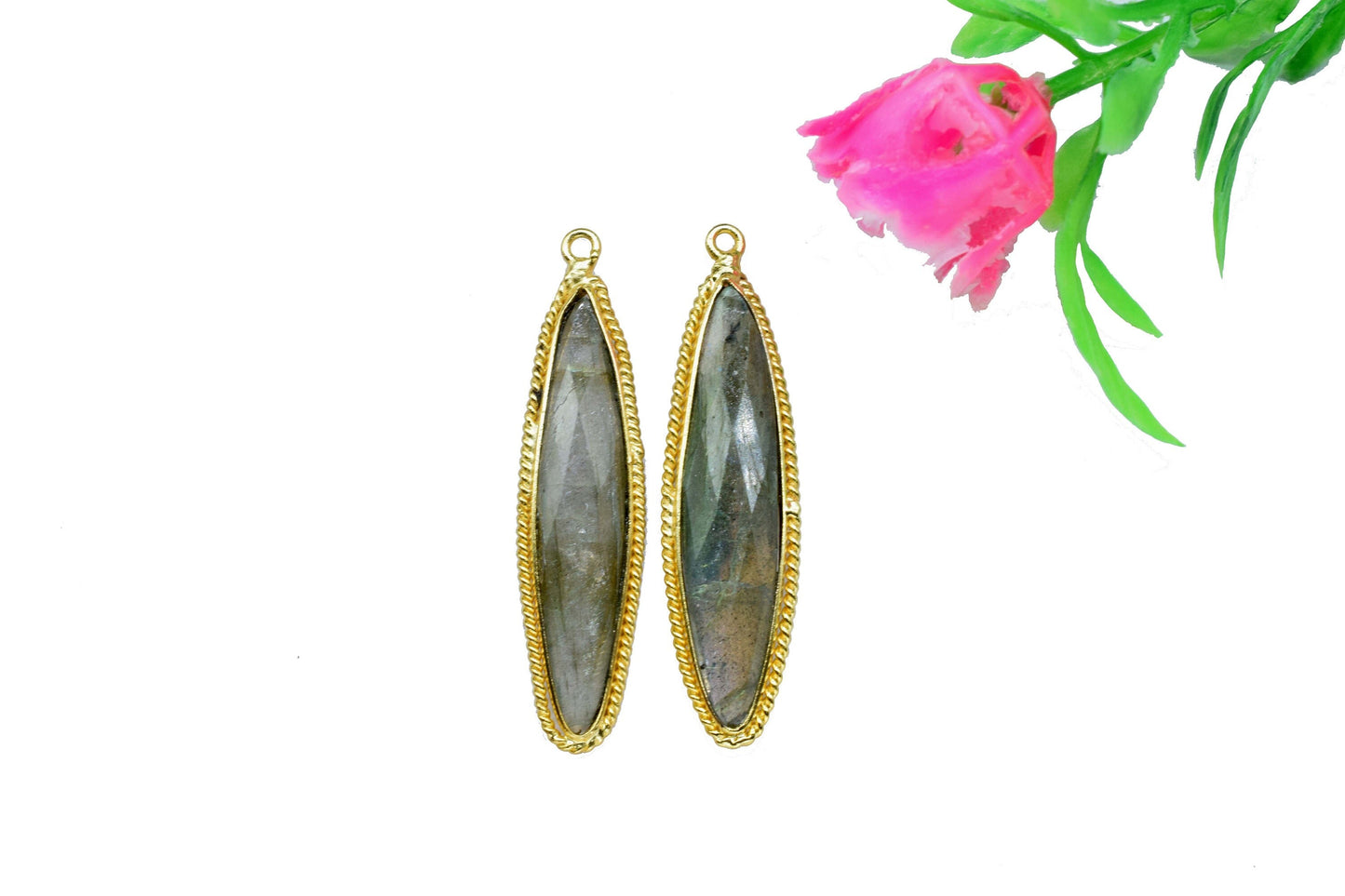 Natural Labradorite Gemstone 7x34mm marquise shape bezel,Labradorite Single Bail Connector,Labradorite Gold plated Pendant,Designer bezel