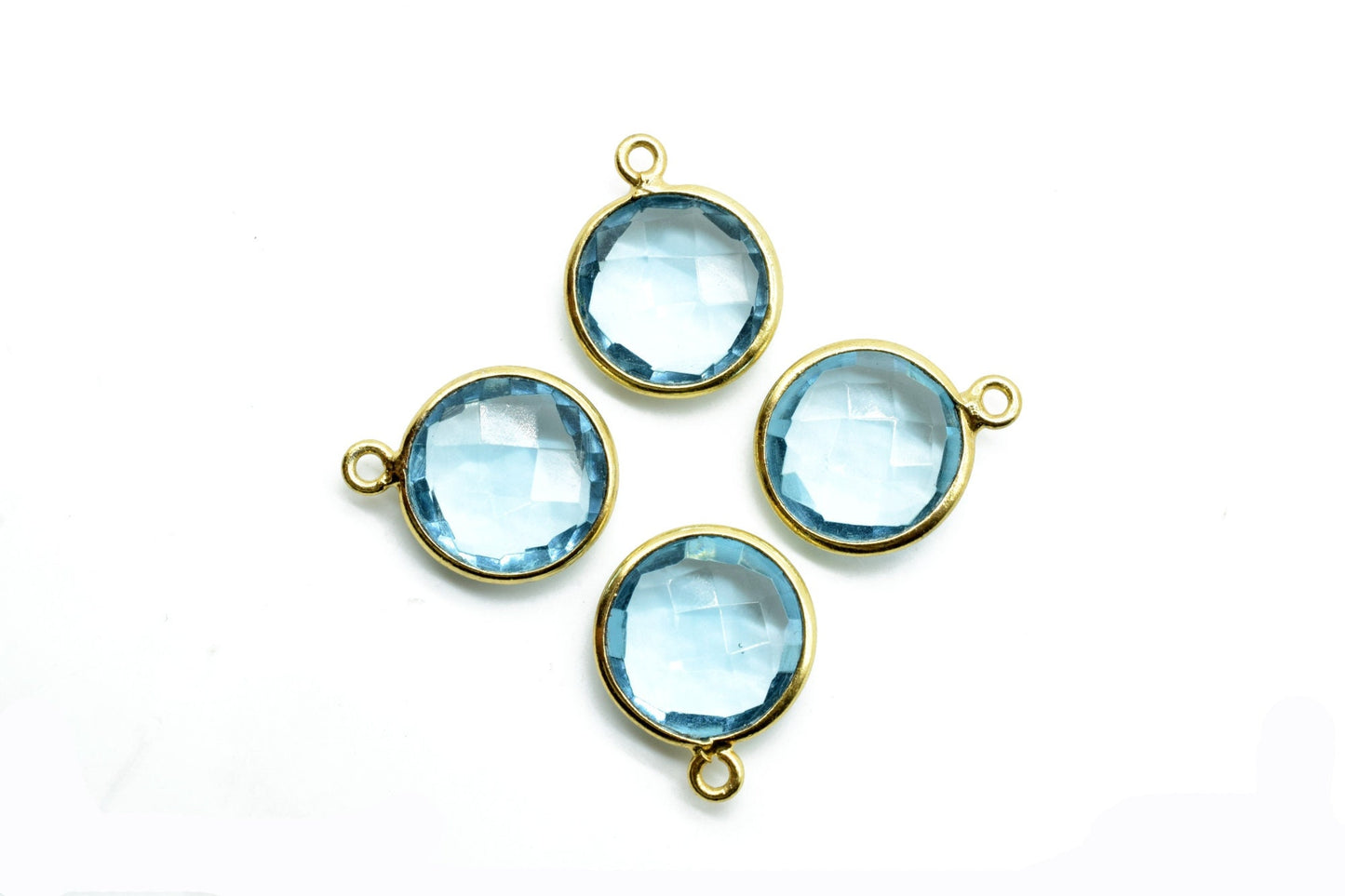 Sky Topaz 12mm Round charm,Brass Gold Plated bezel,Sky Topaz Pendant,Teardrop,Light Gold Bezel Trim Edge Faceted Gemstone,Sky Topaz charm