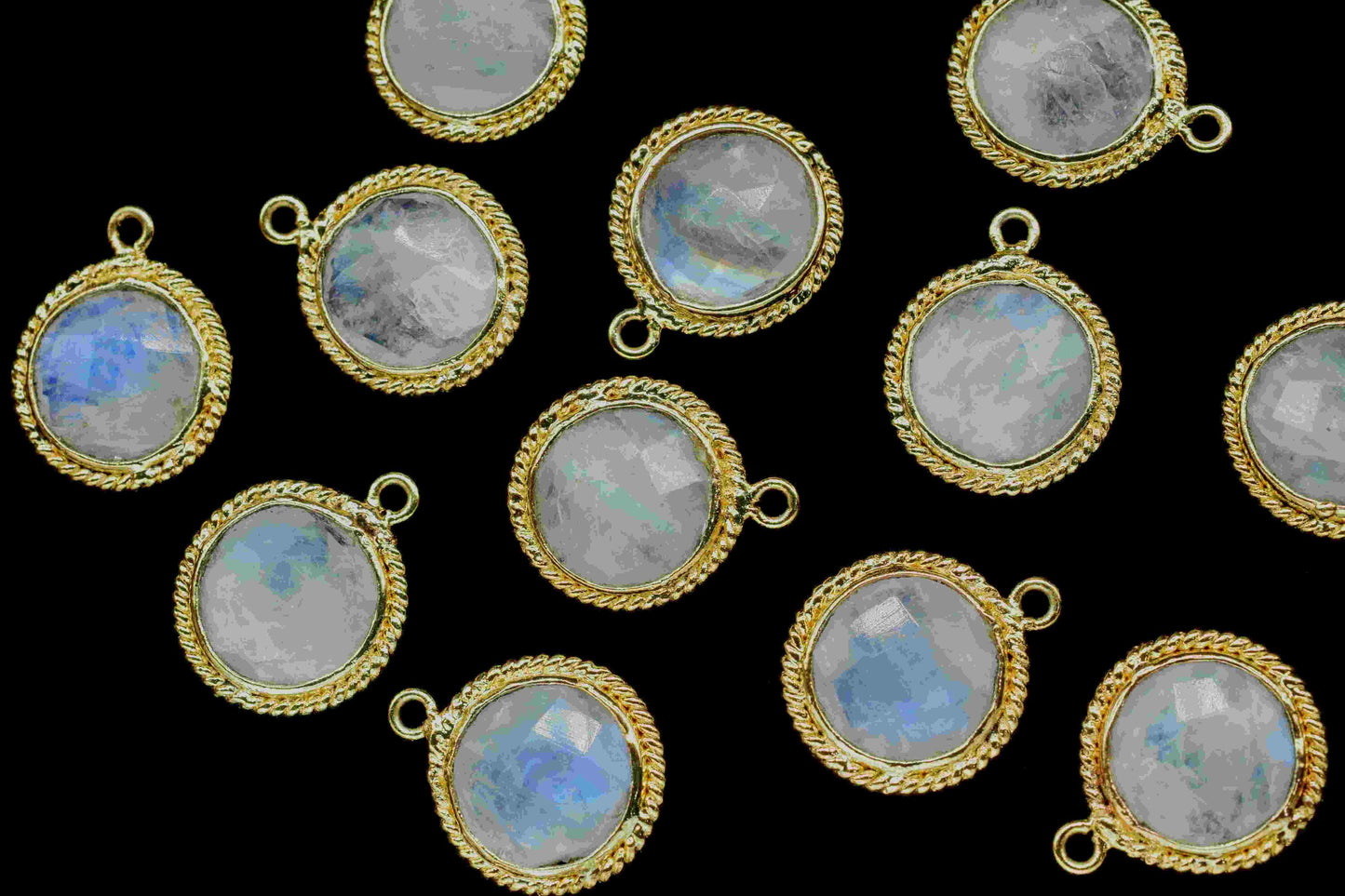 Rainbow Moonstone 10mm Round Shape Single Bail Connector,Moonstone Charms Pendant,Moonstone Gold Plated Bezel,Jewelry Making Charms Crafts