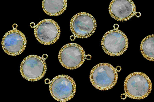Rainbow Moonstone 10mm Round Shape Single Bail Connector,Moonstone Charms Pendant,Moonstone Gold Plated Bezel,Jewelry Making Charms Crafts