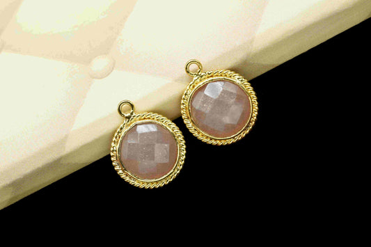 Peach Moonstone 10mm Round Bezel,Gold Plated Bezel,Moonstone Charms,Single Bail Bezels Jewelry,Moonstone Gold Filled Bezel,Moonstone Pendant