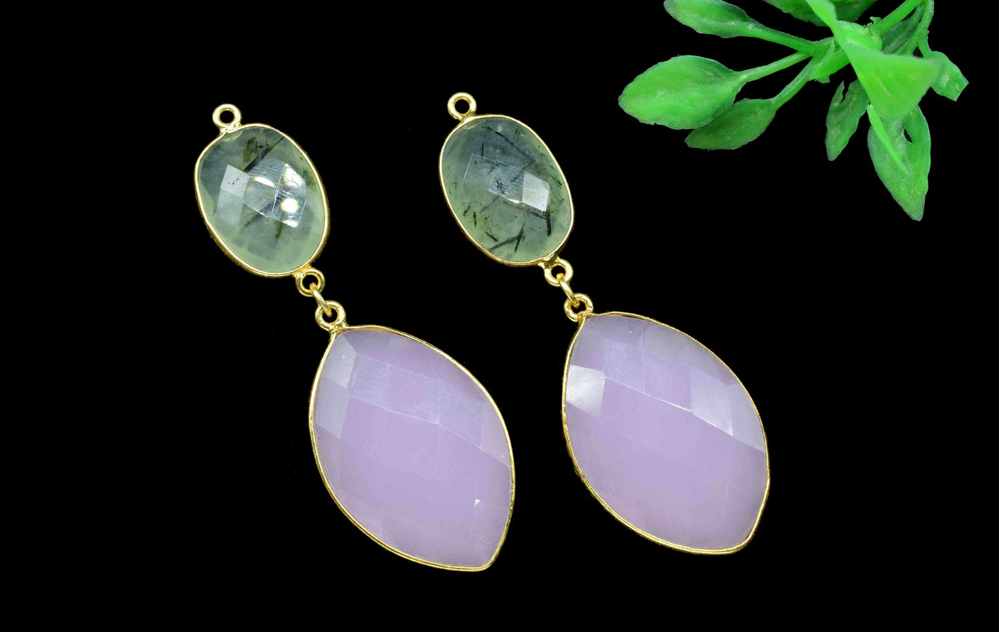 Prehnite Dangle pendants,Handmade jewelry,Rose Quartz pendant Charms,Component pendant,Station Link,Multi Gemstone Connector,Bezel Jewelry