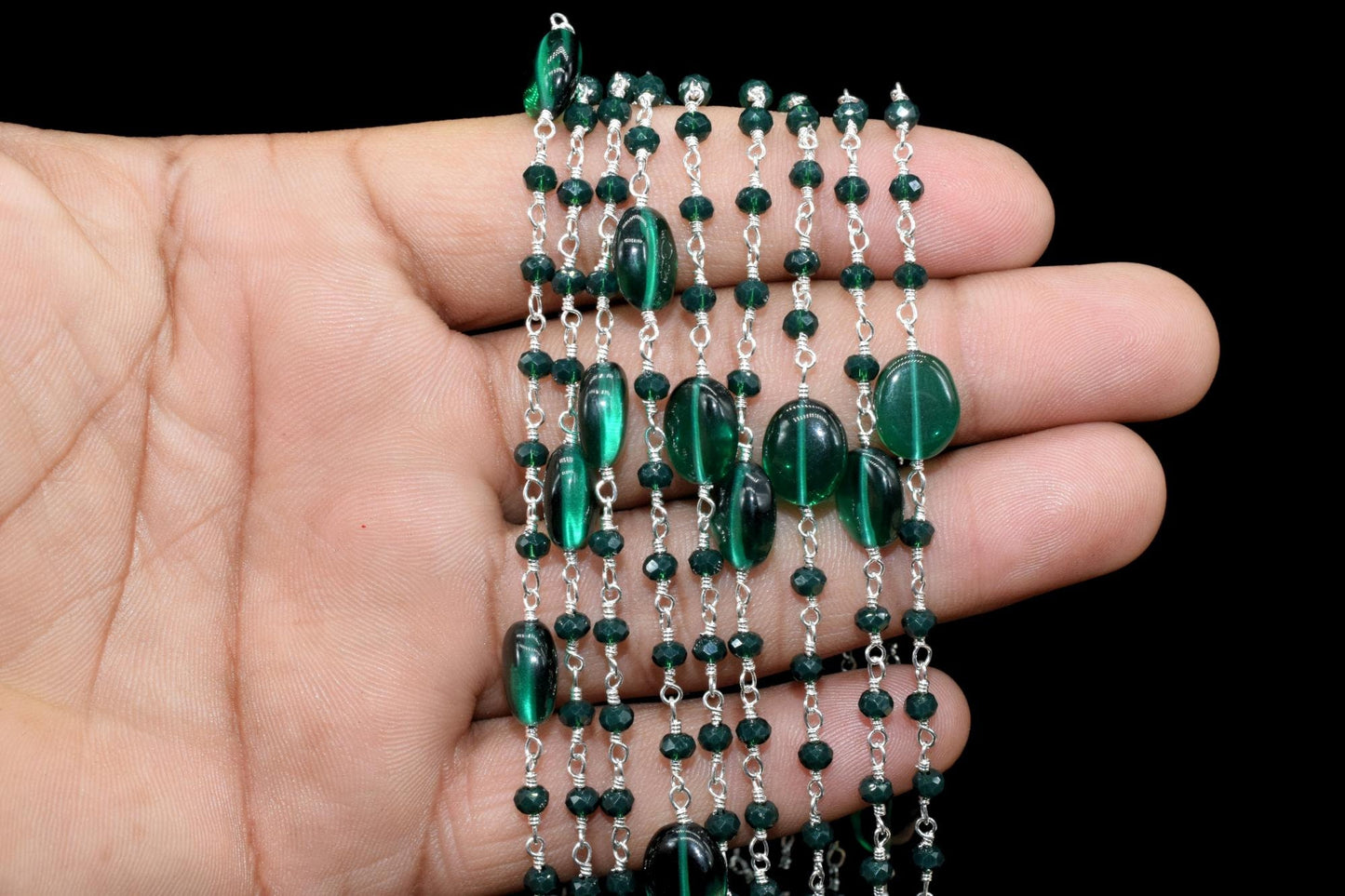 Emerald Smooth Oval Shape Chain,Emerald Silver Wire Plated Rosary Beaded Chain,Chain Per Foot,Gemstone Beads,Emerald Rosary Beaded Chain