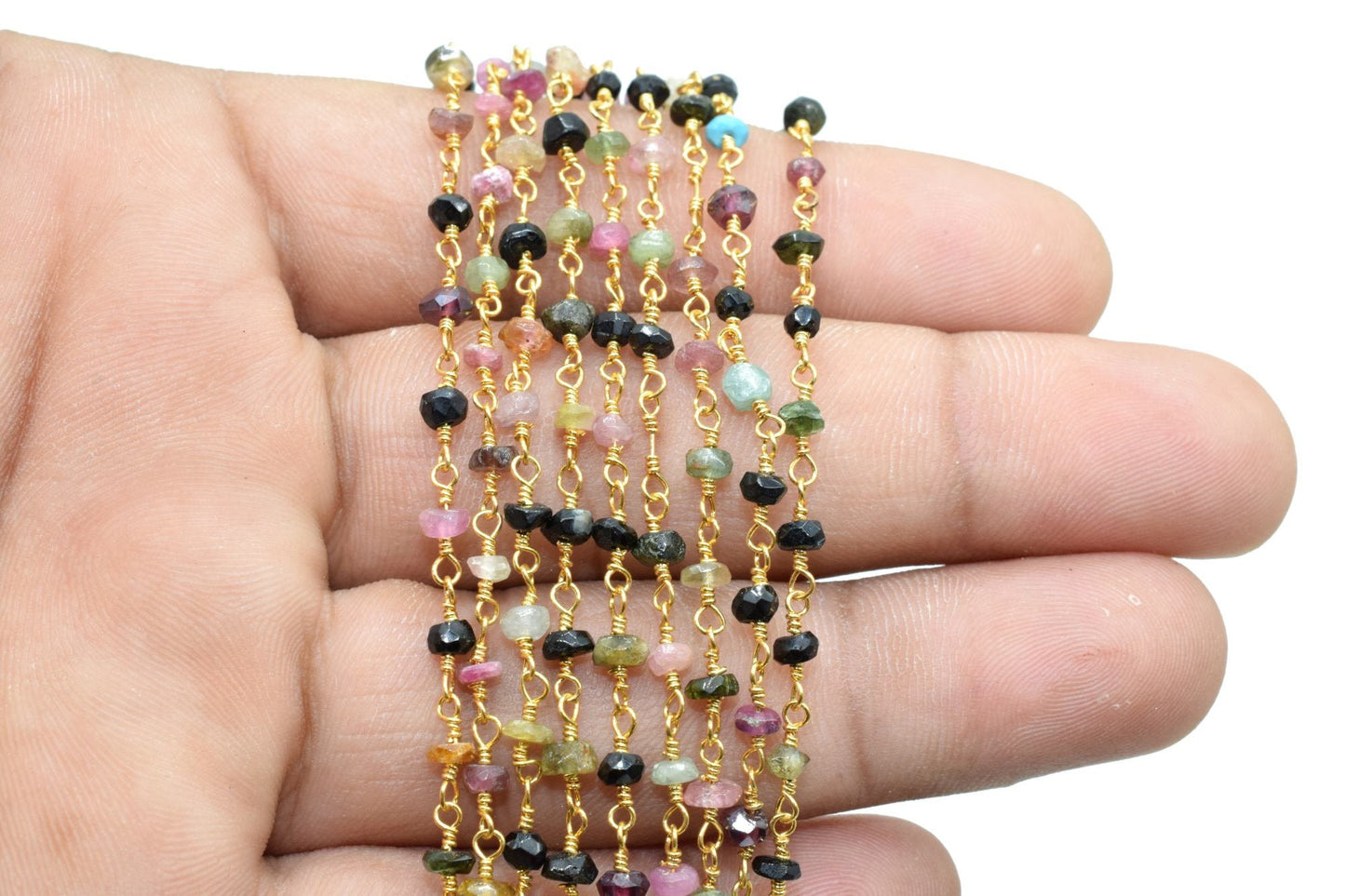 Multi Tourmaline Rosary Chain,Multi Tourmaline Wire Wrapped Rosary,3 to 3.5mm beaded chain,Natural Multi Tourmaline beaded Chain,gold chain