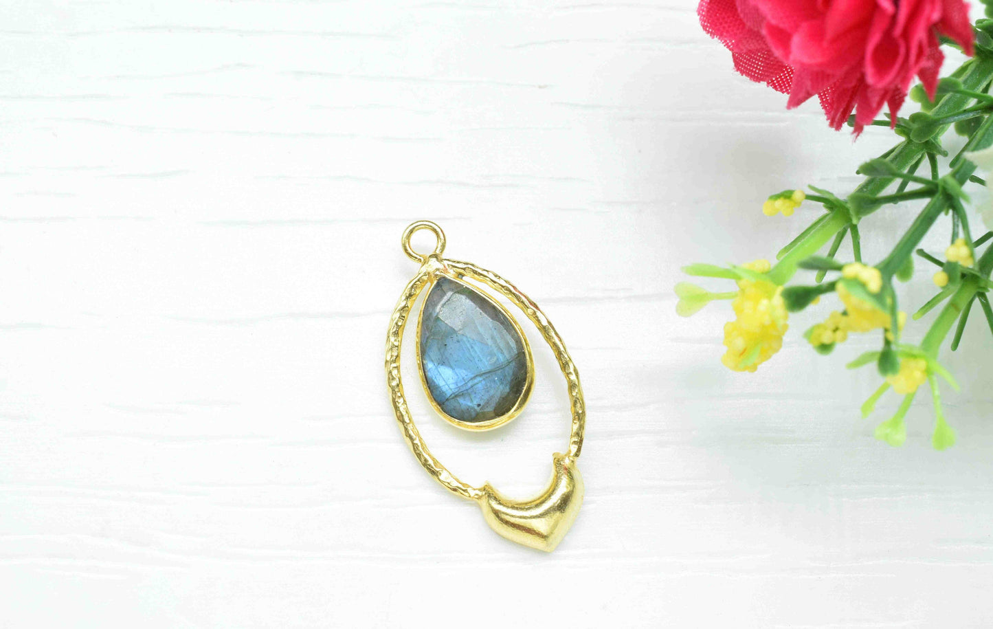 Labradorite Pear Shape Pendant , Labradorite Handmade Pendant , Multi Gemstone Charms , Gold Plated Gemstone Connectors , Summer Collection