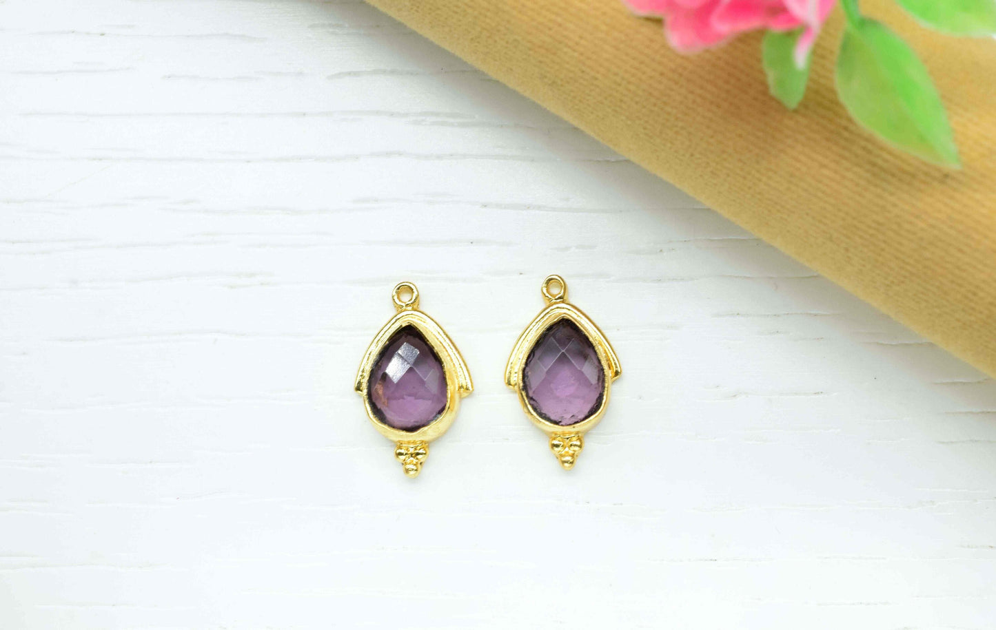 Amethyst 9x13mm Bezel Connectors,Amethyst Quartz jewelry making charm,Single bail connnectors,Amethyst Teardrop,Handmade Gemstone Bezel