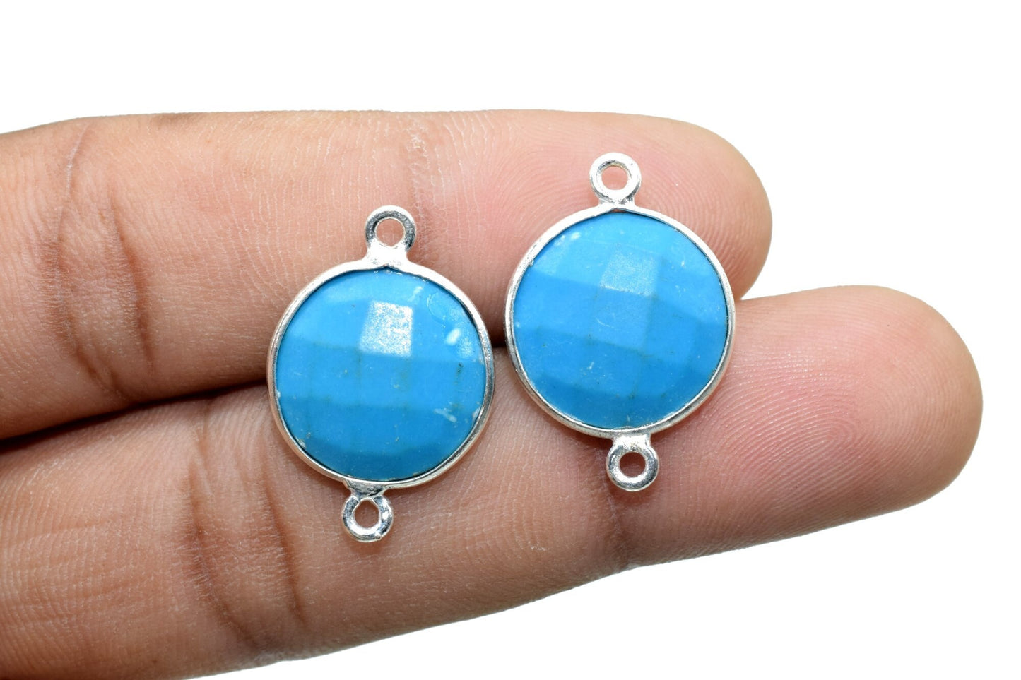 Natural Turquoise 14mm Round double bail connectors,Turquoise Pendant,Faceted Turquoise bezel link,Gemstone Charm,Gemstone Pendant, charms