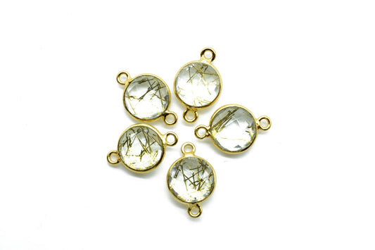 Golden Rutile 10mm Round double bail connectors,Golden Rutile Round Gold Plated bezel,Jewelry making charms,Golden Rutile Brass connectors,