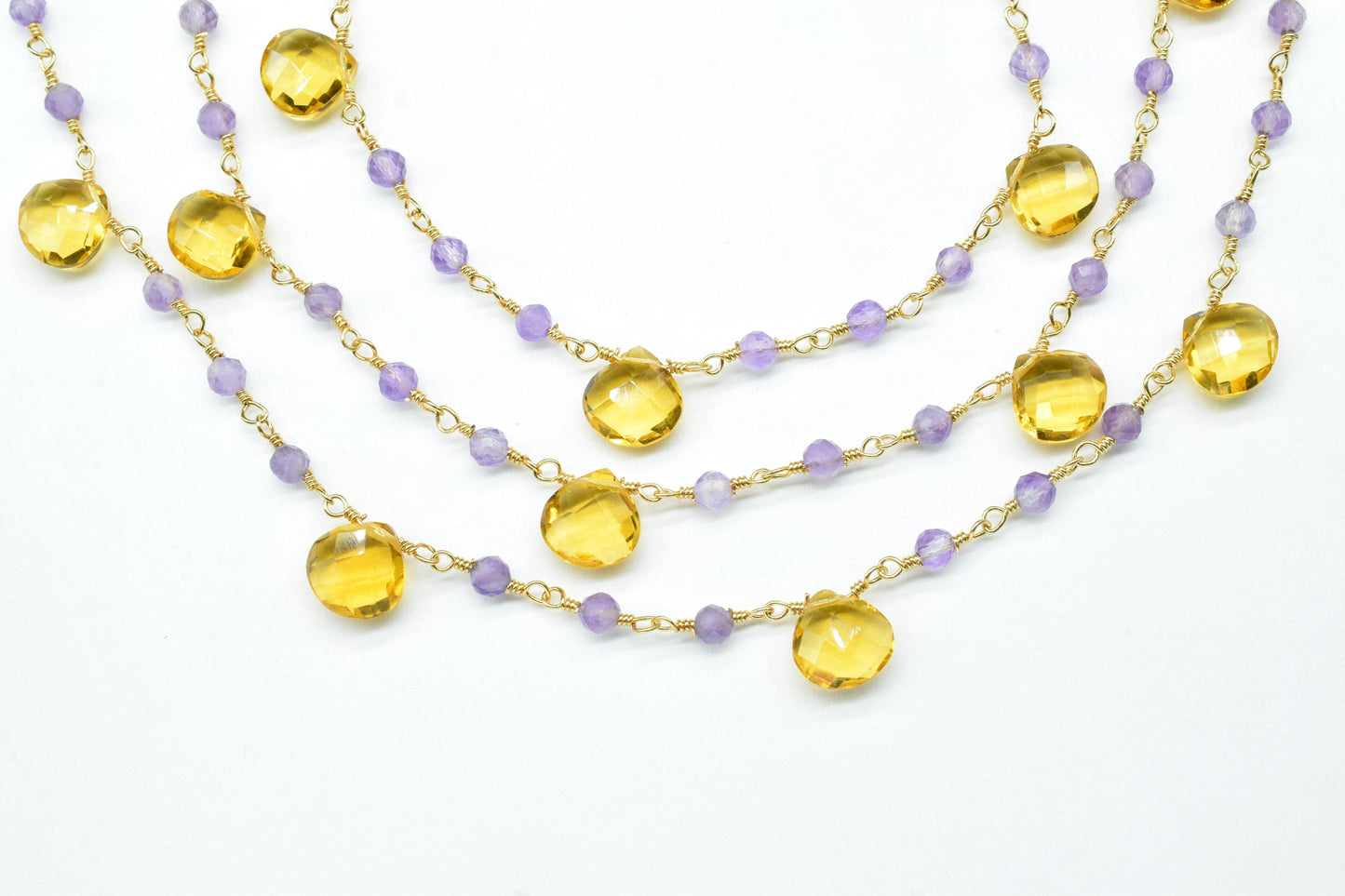 Amethyst 3mm Beaded Chain,citrine Heart Shape Rosary Chain,Amethyst wire wrapped rosary chain,Gold Plated Brass Chain,gemstone rosary,craft