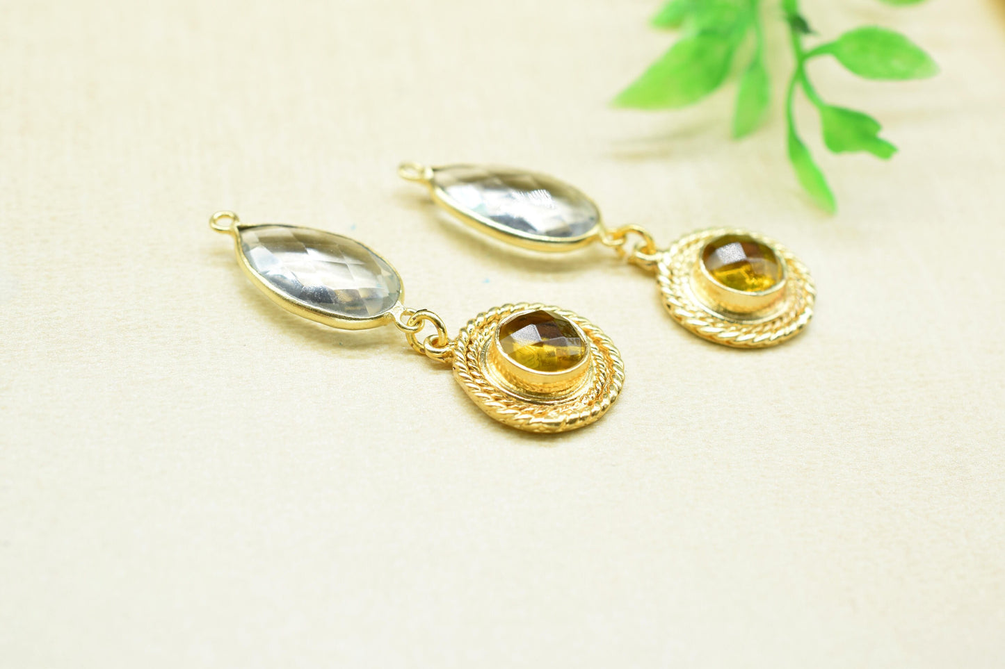 Crystal Quartz Bezel Charm /Multi Stone Pendant/Citrine Quartz Connector/Earring Connector Pendant/Station Bezel Link/Handmade Pendant/Gift