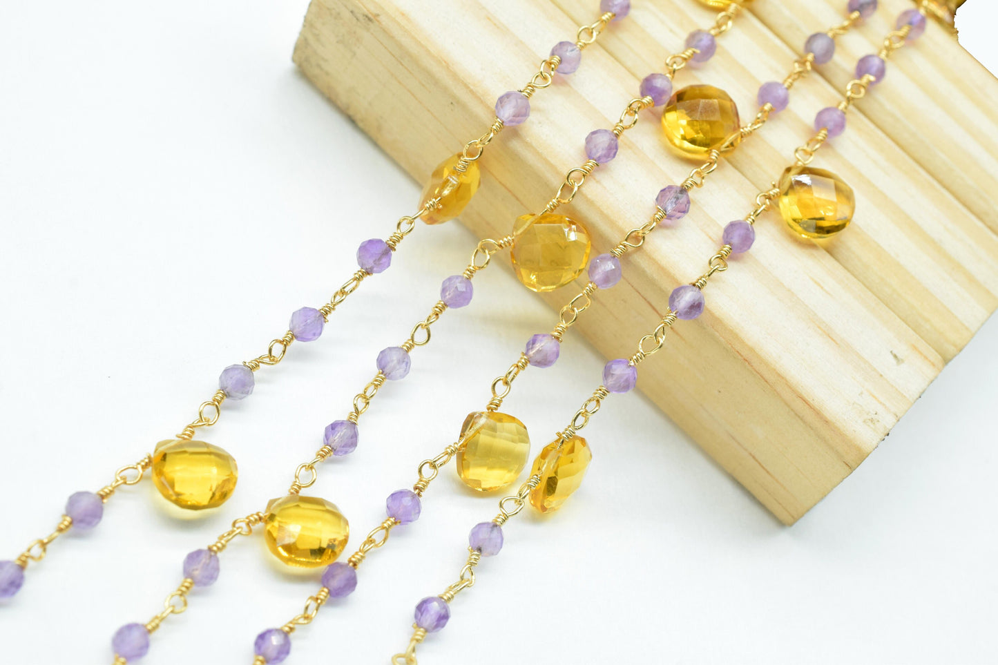 Amethyst 3mm Beaded Chain,citrine Heart Shape Rosary Chain,Amethyst wire wrapped rosary chain,Gold Plated Brass Chain,gemstone rosary,craft
