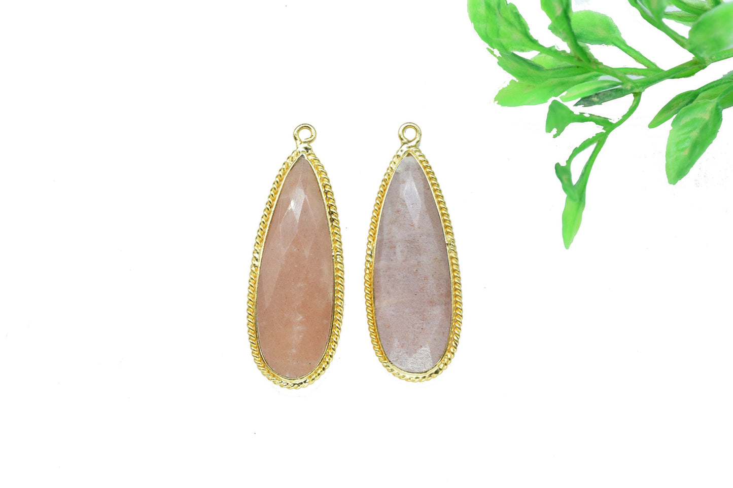 Peach Moonstone Faceted 10x30mm Teardrop Charms,Peach Moonstone Pendant Jewelry,Brass Gold Plated bezel,Peach Moonstone Connector Bezel,Gift