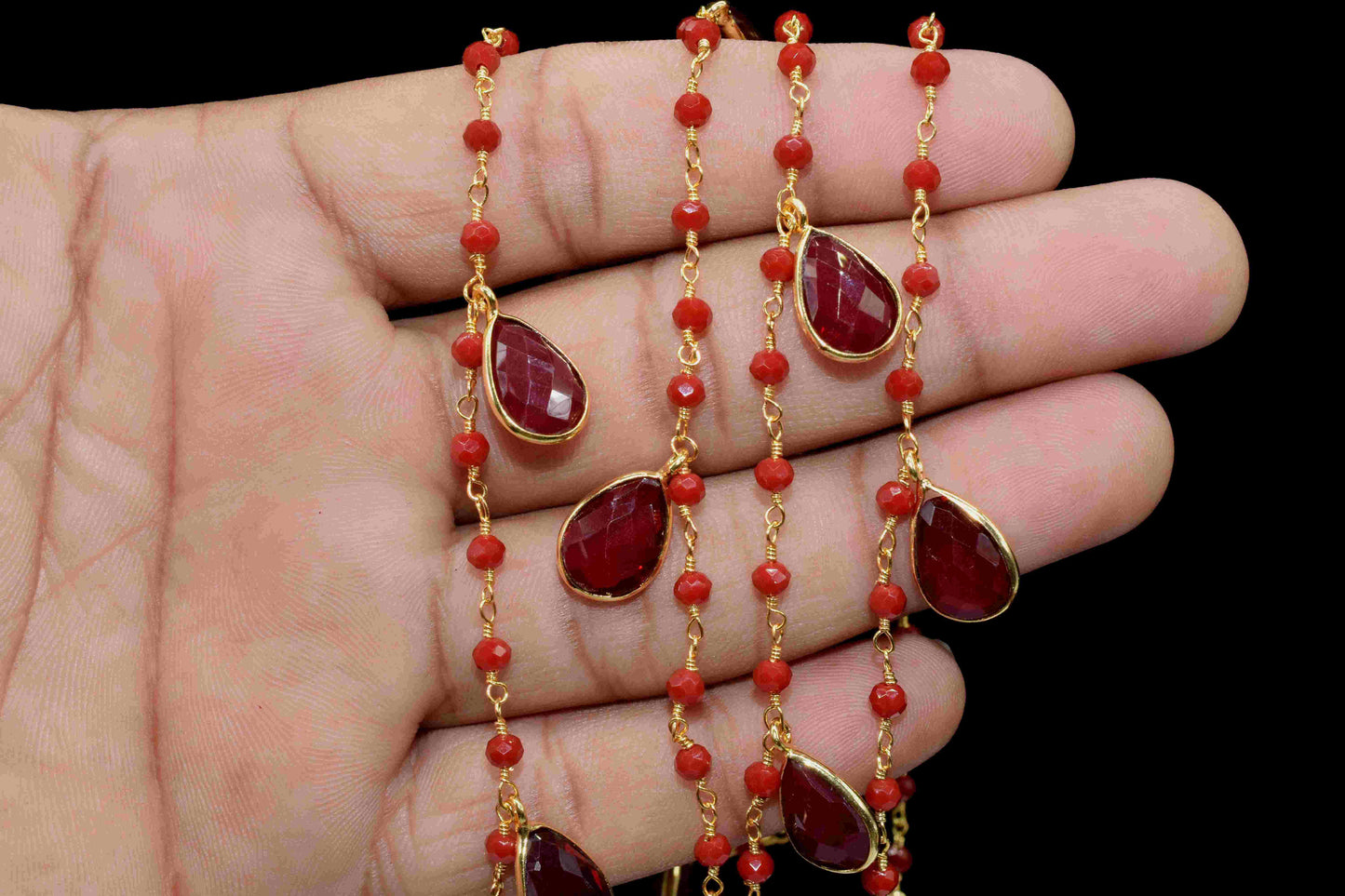 Garnet Gemstone 8x12mm Teardrop Shape Bezel Chain,Ruby Quartz 3mm Beads Chain,Garnet Connector Link Chain,Garnet Connector Chain For Jewelry