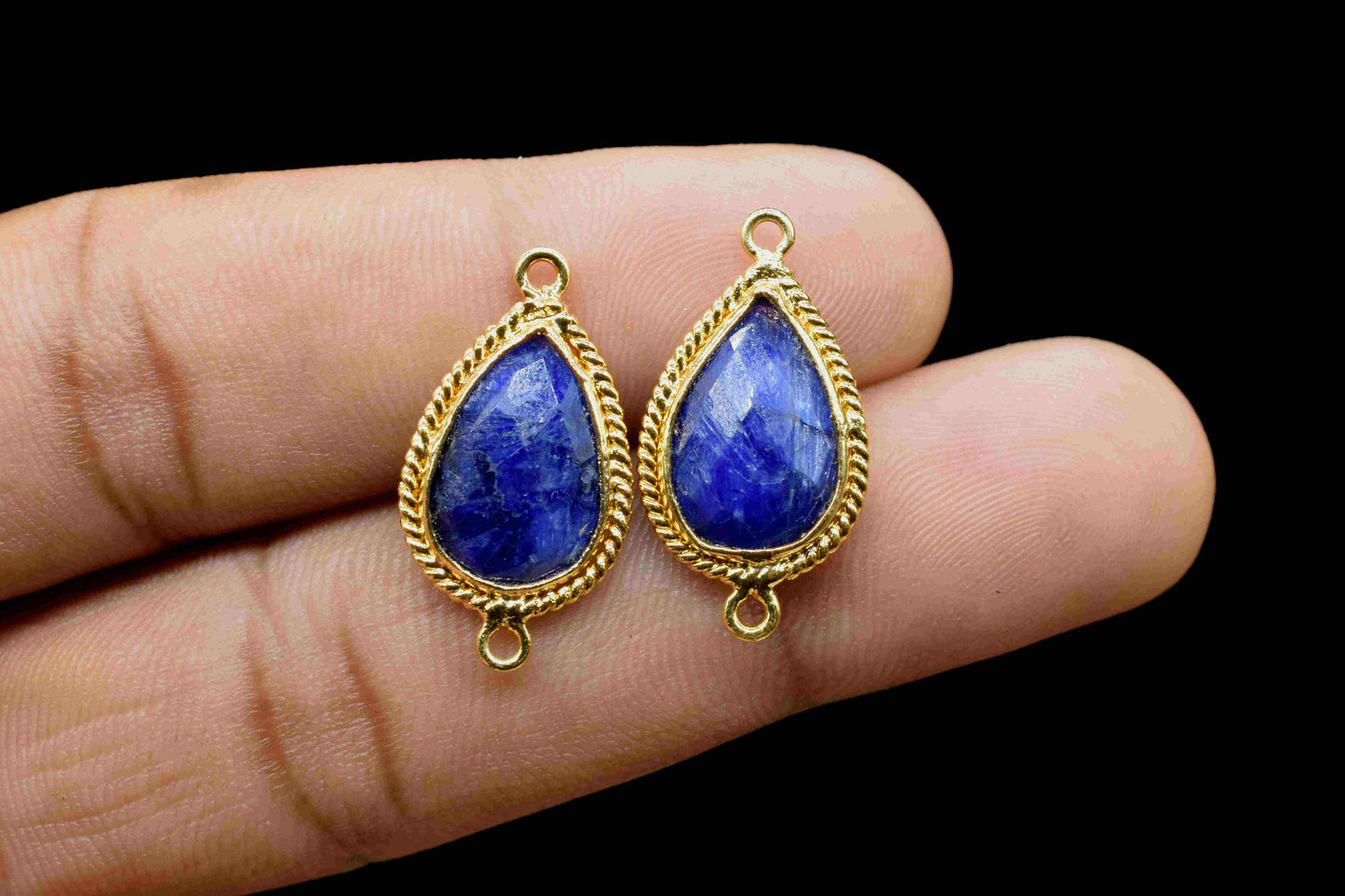 Blue Sapphire 9x13mm Pear Shape Charm,Double Bail Connector,Bezel Charms,Sapphire Pear Shape Bezel Connector Gold Plated,Sapphire Connectors