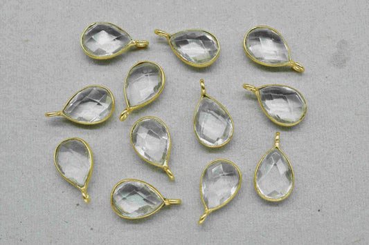 Crystal Quartz Component 7x10mm Teardrop Shape Pendant Jewelry,Crystal Earring Connector,Gold Plated Connector,Gemstone Earring Jewelry,Gift