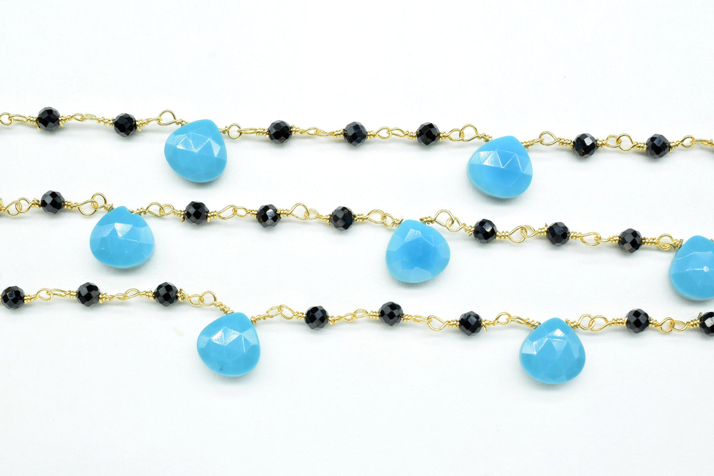 3-3.5 mm Black  Rosary Chain,Black Onyx Faceted Beaded Chain,Wire Wrapped Silver Plated Chain,turquoise briolette rosary ,dual gemstone ,