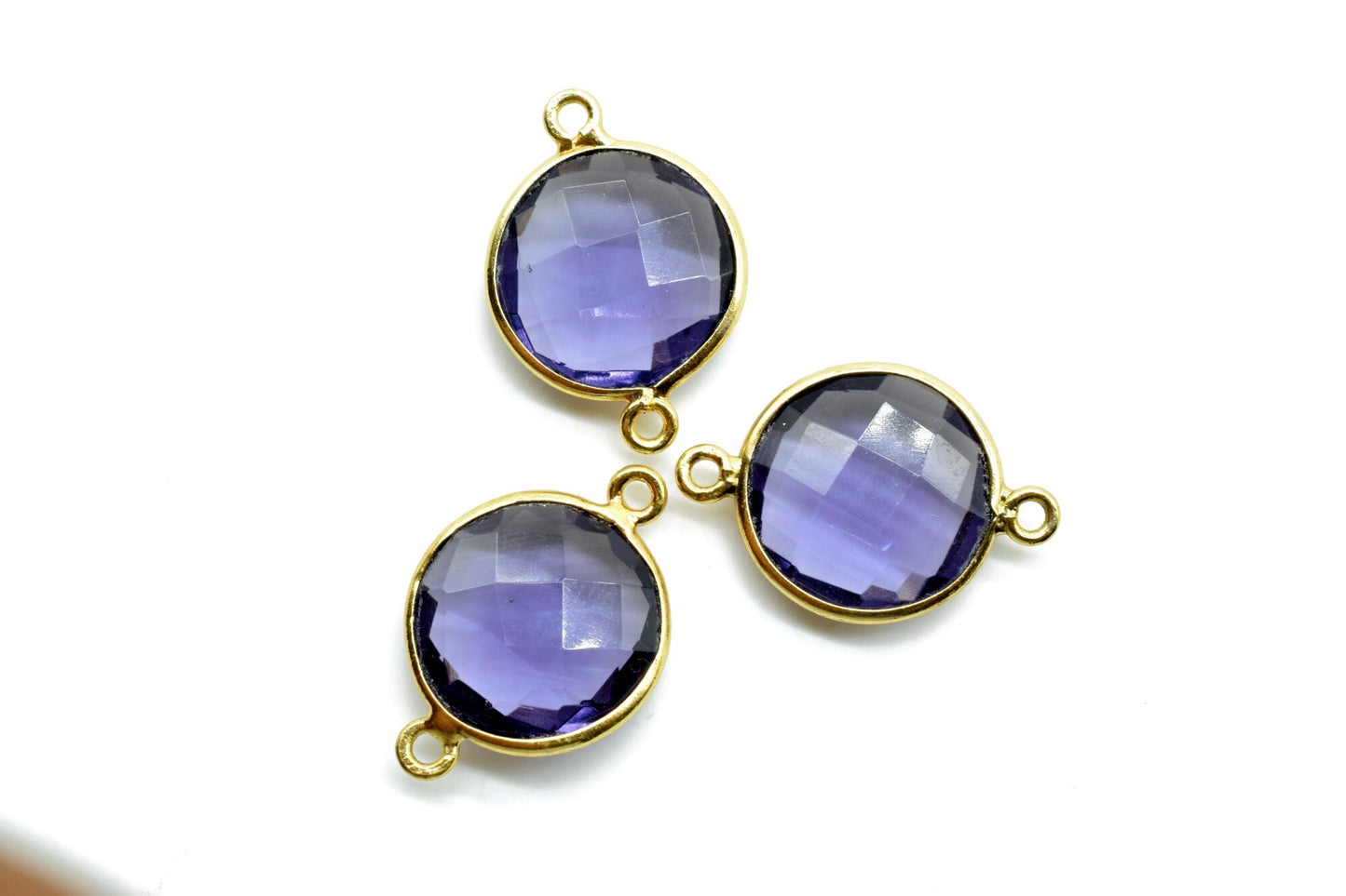 Amethyst 14mm Round double bail Connectors,Brass Gold Plated bezel,Amethyst Pendant,February Birthstone Coin Links,Jewelry Making Findings