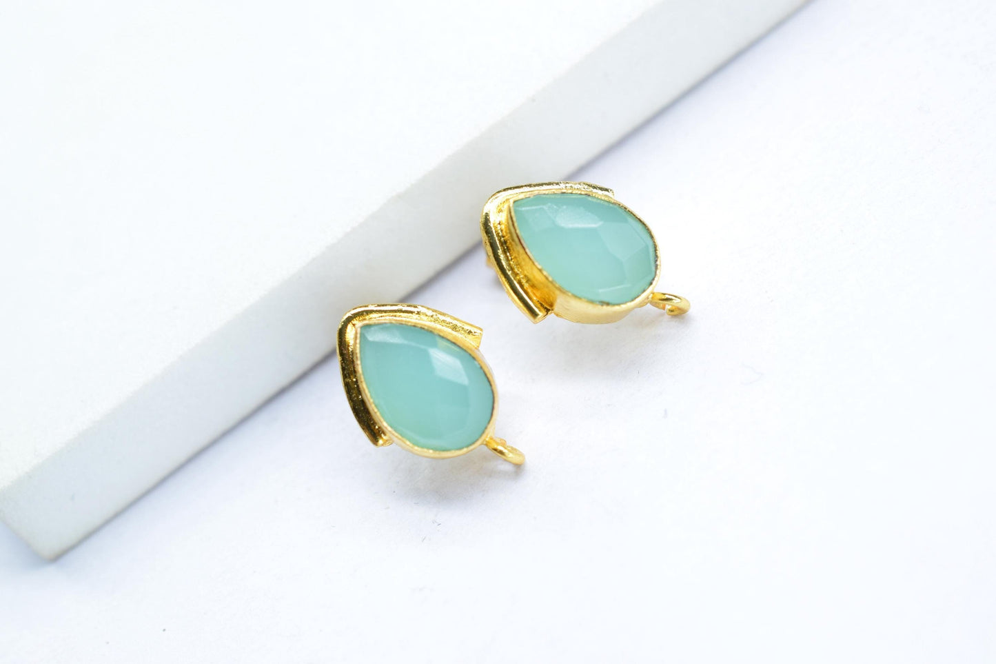 Aqua Chalcedony Studs Earring/Gold Plated Earring/Handmade Earring/Bezel Set Earring/Teardrop Earring/Women Jewelry/Connector Earring/Gift