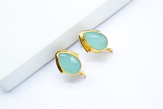 Aqua Chalcedony Studs Earring/Gold Plated Earring/Handmade Earring/Bezel Set Earring/Teardrop Earring/Women Jewelry/Connector Earring/Gift