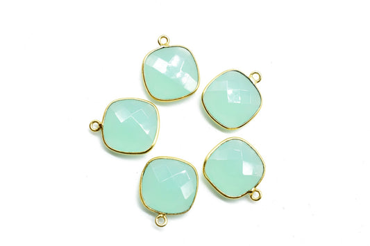Aqua Chalcedony 14mm Cushion Bezel charm,Aqua Chalcedony Bezel Findings Cushion Charms,Cushion Shape Connectors,Single Bail Loop Gold Plated