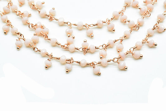 Pink Opal Cluster Beaded Chain,Rose Gold Plated wire wrapped Rosary Chain,Dangling Faceted Wire Wrapped Beaded Chain,PinkOpal handmade chain