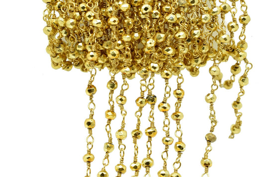 Gold Pyrite 3mm Beaded Chain,Pyrite Wire Wrapped Chain,Pyrite Brass chain,Pyrite Jewelry Making Chain,Pyrite Beads rosary chain,Gold Pyrite