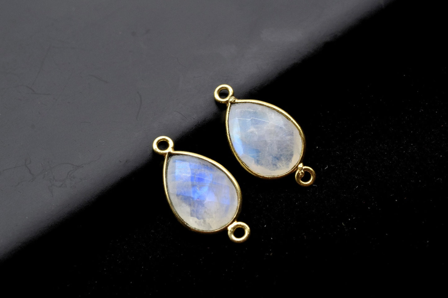 Moonstone 10x14mm Pear Shape Double bail Connectors,Moonstone Teardrop pendant,Moonstone Gold Plated bezel,jewelry making charms crafts,