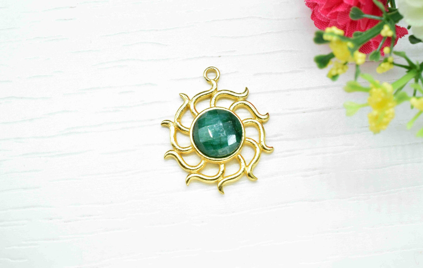 Emerald  Gemstone Component, Single Bail Charm , Emerald Connector Pendant , Gold Plated Connectors , Earring Component , B'day Gift